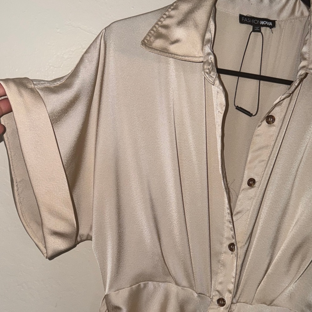 Fashion Nova Beige Satin Shirtdress with Ruched Tie Waist - Picture 8 of 10